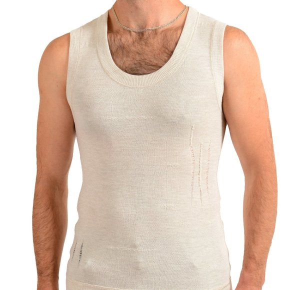 Dolce & Gabbana Men's Beige 100% Wool Distressed Look V-Neck Vest